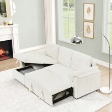 Corduroy Tufted Upholstered Sleeper Sectional Sofa L-Shaped Modular Convertible Sofa With Storage Chaise Pull Out Sleep Couch Bed And Reclining Backrest Perfect For Living Space Beige