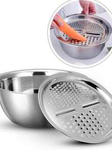 4 In 1 Kit Grater Slicer Stainless Steel Bowl Salad Bowl 4 Stainless Steel Blades 2 In 1 26cm - Bạc - Xem 5
