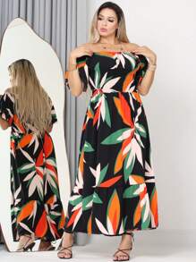 WOMEN'S LONG MIDI DRESS WITH PUFFED SLEEVES AND RUFFLES, OFF-THE-SHOULDER, TRES MARIAS - Orange - View 1