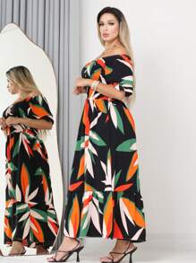 WOMEN'S LONG MIDI DRESS WITH PUFFED SLEEVES AND RUFFLES, OFF-THE-SHOULDER, TRES MARIAS - Orange - View 3