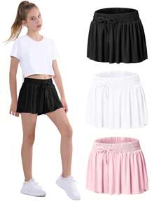 EXARUS Girls Butterfly Shorts Flowy Dance Athletic 2 In 1 Cheer Skorts Flutter Skirt Running Preppy Clothes Kids 6-14Y - 設定2 - 查看 1