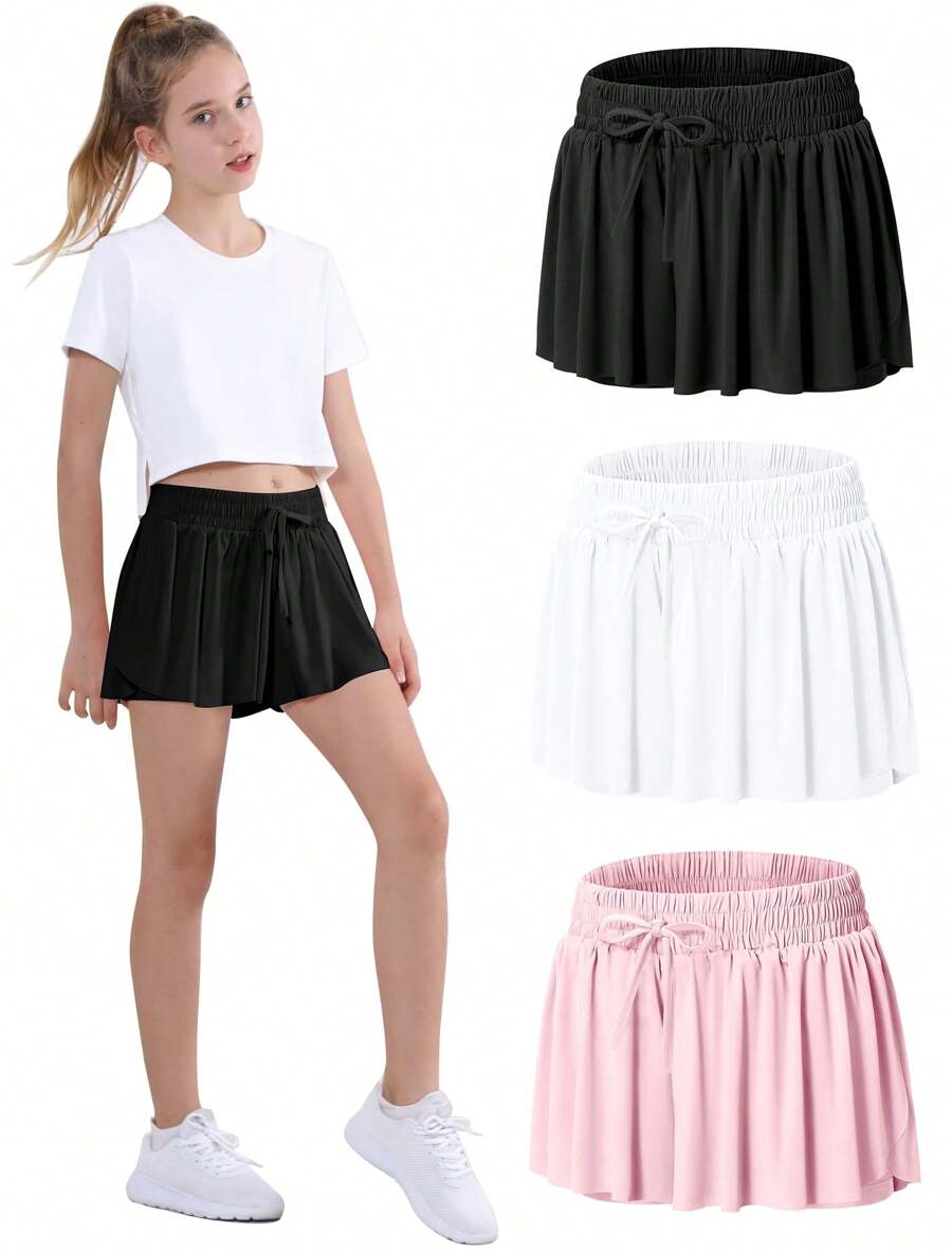 EXARUS Girls Butterfly Shorts Flowy Dance Athletic 2 In 1 Cheer Skorts Flutter Skirt Running Preppy Clothes Kids 6-14Y - 設定2 - 查看 1
