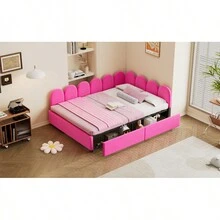 Sofá cama tapizado de tamaño completo con 2 cajones, cabecero de tela suave, sin necesidad de somier, color rojo rosa