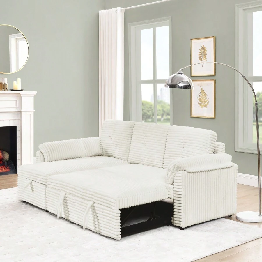 Corduroy Tufted Upholstered Sleeper Sectional Sofa L-Shaped Modular Convertible Sofa With Storage Chaise Pull Out Sleep Couch Bed And Reclining Backrest Perfect For Living Space Beige