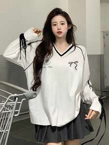 2024初秋新款美式白色V领长袖T恤女装薄款设计上衣