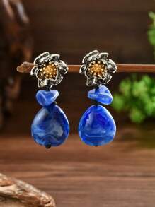 2 stuks elegante, sexy retro bohemian zilverkleurige metalen bloem, bloesem, gouden meeldraden, golvende keramische hanger, blauwe hars, asymmetrische synthetische steen, decoratieve oorbellen voor stijlvolle dames, feestvakantie, diverse harskleuren