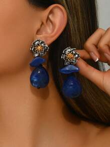 2 stuks elegante, sexy retro bohemian zilverkleurige metalen bloem, bloesem, gouden meeldraden, golvende keramische hanger, blauwe hars, asymmetrische synthetische steen, decoratieve oorbellen voor stijlvolle dames, feestvakantie, diverse harskleuren