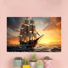 Local WarehouseSunset Pirate Ship Canvas Wall Art - Modern Nautical Decor For Bedroom, Kitchen & Office - High-Quality Wood Framed Poster, Perfect For Room Deco - frame - View 5