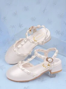 Girls' White Pearl Studded Sandals High Heels Princess Dress Shoes