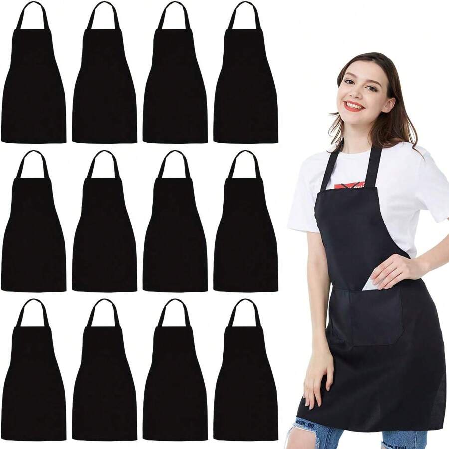 12 Pack Bib Apron,Unisex Black Commercial Apron With 2 Pockets,Unisex Black Plain Aprons With Long Ties,Kitchen Cooking Aprons For Women Men Chef,Painting BBQ Grilling Baking Restaurant,Machine Washable