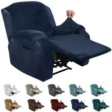 Oversized Recliner Chair Covers Velvet Plush 4 Piece Stretch Recliners Covers For Large Recliner Slipcovers Soft Washable Reclining Protector With Side Pocket - Màu xanh hải quân - Xem 1