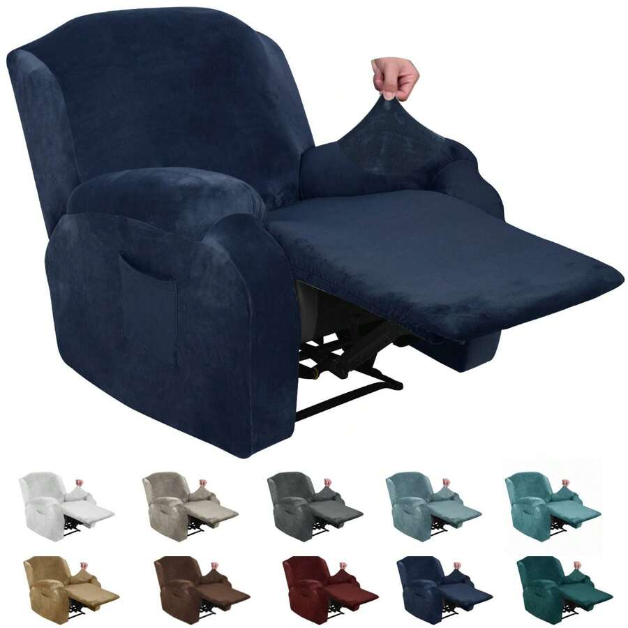 Oversized Recliner Chair Covers Velvet Plush 4 Piece Stretch Recliners Covers For Large Recliner Slipcovers Soft Washable Reclining Protector With Side Pocket - 藏蓝色 - 查看 1