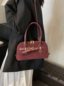 秋冬季复古麂皮小包女士百搭斜挎包时尚手提贝壳包 - 酒紅色 - 查看 4