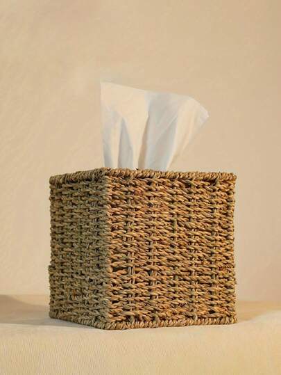 1pc Water Hyacinth Paper Tissue Box, Square And Rectangular Woven Paper Towel Holder, Easy Snap Lid Tissue Box, Suitable For Bathroom, Living Room, Bedroom, Vanity, Home Decor, Bathroom Accessories, Home Goods, Desk, Home Decor, Home Organization And Storage