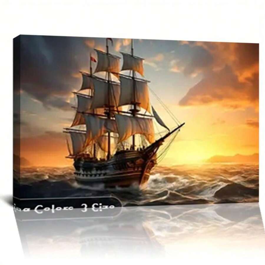 Local WarehouseSunset Pirate Ship Canvas Wall Art - Modern Nautical Decor For Bedroom, Kitchen & Office - High-Quality Wood Framed Poster, Perfect For Room Deco - frame - View 1