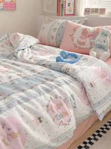 4pcs Cute Rabbit & Floral Pattern Soft Bedding Set, Includes Duvet Cover, Fitted Sheet, Pillowcases, Suitable For Students And Home Use - Bunny Manor - View 10