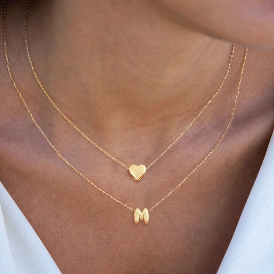 2Pcs/Set Simple Classic Bubble Initial Heart Gold Color Stainless Steel Chain Layered Necklaces For Women