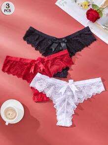 3PCS Plus Size damska bielizna koronkowa stringi kokarda seksowna bielizna jednolity kolor przezroczyste tangas elastyczne wygodne majtki dla kobiet czarny biały czerwony stringi z tyłu kokarda majtki