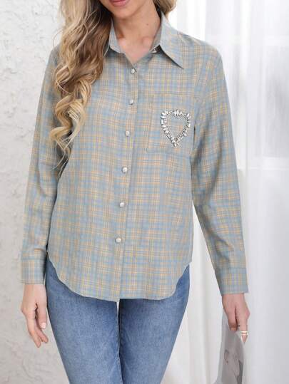 Women's Classic Plaid Pocket Rhinestone Embellished Collar Long Sleeve Blouse
