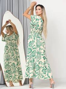 WOMEN'S LONG MIDI DRESS WITH PUFFED SLEEVES AND RUFFLES, OFF-THE-SHOULDER, TRES MARIAS - Olive Green - View 1