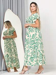 WOMEN'S LONG MIDI DRESS WITH PUFFED SLEEVES AND RUFFLES, OFF-THE-SHOULDER, TRES MARIAS - Olive Green - View 2