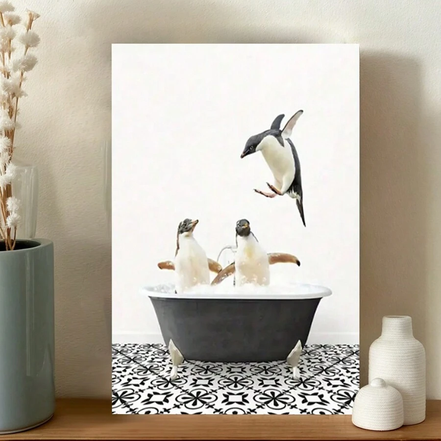 Canvas Poster, Penguins In Vintage Bathtub, Black And White Bath Style,   By  Wall Art For Living Room, Wall Decor For Bedroom, Home Decor Room Decor - Framed - View 1