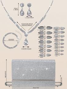 Bolso de embrague de fiesta cuadrado elegante y lujoso para mujer, bolso de fiesta de lujo y de moda con cadena de metal, kit de 24 uñas postizas elegantes y de unicolor extraíbles con brillantes, pendientes con pedrería, collar colgante y pulsera, adecuado para mujeres y niñas para banquetes, bailes, fiestas y bodas.