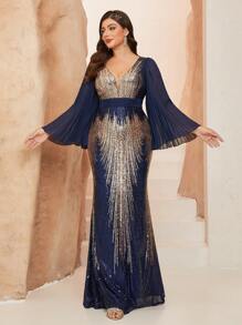 Plus Size V-Neck Sunflower Sequin Splicing Bodycon Mermaid Dress With Chiffon Long Sleeve, Party Dress, Wedding Guest Dress, Prom Dress - 寶藍色 - 查看 2