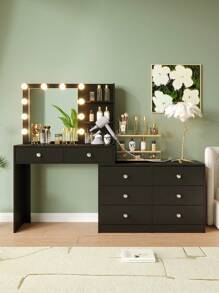 VOWNER Vanity Desk With Power Outlet, Makeup Vanity Table With 10-Bulbs Lighted Mirror, 3 Color Lights Modes, 2 Drawers & 6-Drawer Dresser For Storage, Vanity Set Gifts For Grils Women, Halloween & Thanksgiving - màu đen - Xem 8