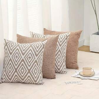 4pcs Bohemian Style Sofa Bed Decorative Throw Pillow Covers, Soft Linen Printed Cushion Covers, 45x45cm, Without Pillow Insert, Simple Gift, Sofa Cushion, Star, Decor Style, Easy To Use, Pillow, Sofa Cushion, Home Decor