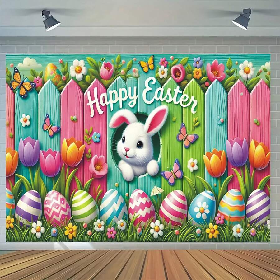 1pc New Year Easter Bunny & Egg Fence Design Painting Background Cloth, Easter Party Backdrop Banner, 70.9*90.5 Inches, Universal Decorative Wall Hanging, For Easter Party Decoration