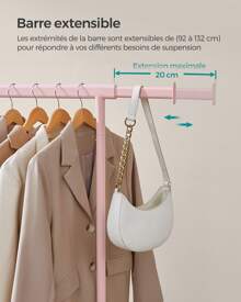 SONGMICS Portant à Vêtements avec Roulettes, Tringle Extensible pour Charge Lourde, Porte-manteau, Capacité de Charge 100 kg, 45 x (92-132) x 161,5 cm, Montage Facile, Rose Bonbon - Rose bonbon - Voir 3