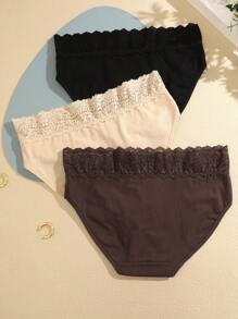 3 Pack Women's Colorful Lace Waistband Comfy Bikini Briefs