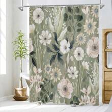 1pc Boho Green Floral Shower Curtain, Summer Plant Leaves Shower Curtains For Chic Elegant Bathroom Decor, Abstract Colorful Flower Shower Curtain,Back To School - Multicolor - View 3