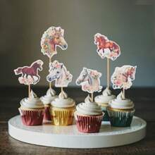 12pcs Paper Flower & Horse Cake Topper Decoration, Suitable For Baking Decor - Multicolor - View 5
