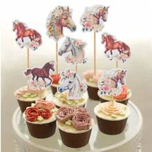 12pcs Paper Flower & Horse Cake Topper Decoration, Suitable For Baking Decor - Multicolor - View 4