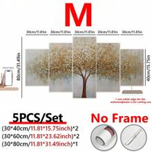 Conjunto de 5 peças de arte de parede em tela com moldura da Árvore da Vida e folha dourada - Pôsteres de paisagem de decoração de arte moderna impressos em tela, arte texturizada com moldura de madeira para sala de estar, quarto, banheiro, sala de jantar - Impressões de arte para interiores para pôsteres de estética de fazenda e casa, arte de parede, decoração de quarto, presentes, aniversário, formatura