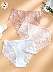 APRSEA 3pcs Women's Lace Panties, Minimalist & Comfortable, High-Waist Briefs - Multicolor - View 7
