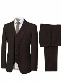Mens Herringbone Tweed Suit 3 Piece Suit Two Buttons Wool Suits 1920's Themed Wedding Suit Prom Tuxedos Blazer Dress Formal Business Party Jacket Vest Waistcoat For Groom - 咖啡 - 查看 4