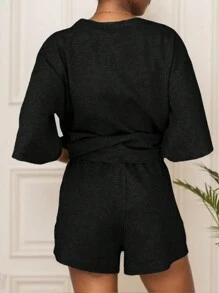 tooluck Womens 2 Piece Outfits 3/4 Sleeve Tops And Elastic Waist Shorts Lounge Sets Loungewear - màu đen - Xem 2