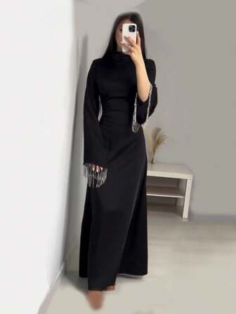 女式立领喇叭袖系带长袍连衣裙