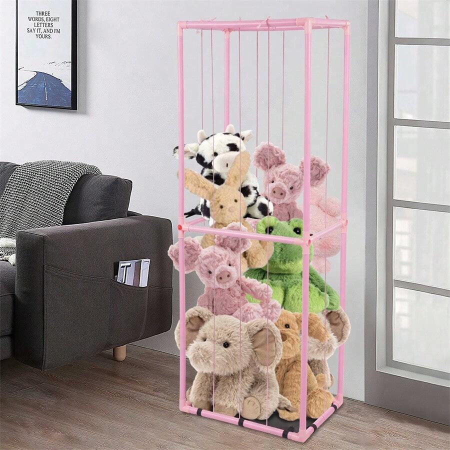 Plush Toy Storage Rack With Dustproof Cover At The Bottom - Creative Storage For Plush Toys With Bottom Mesh Pocket And Dustproof Cloth, Storage Cage For Stuffed Toys In The Room. - Pink - View 1
