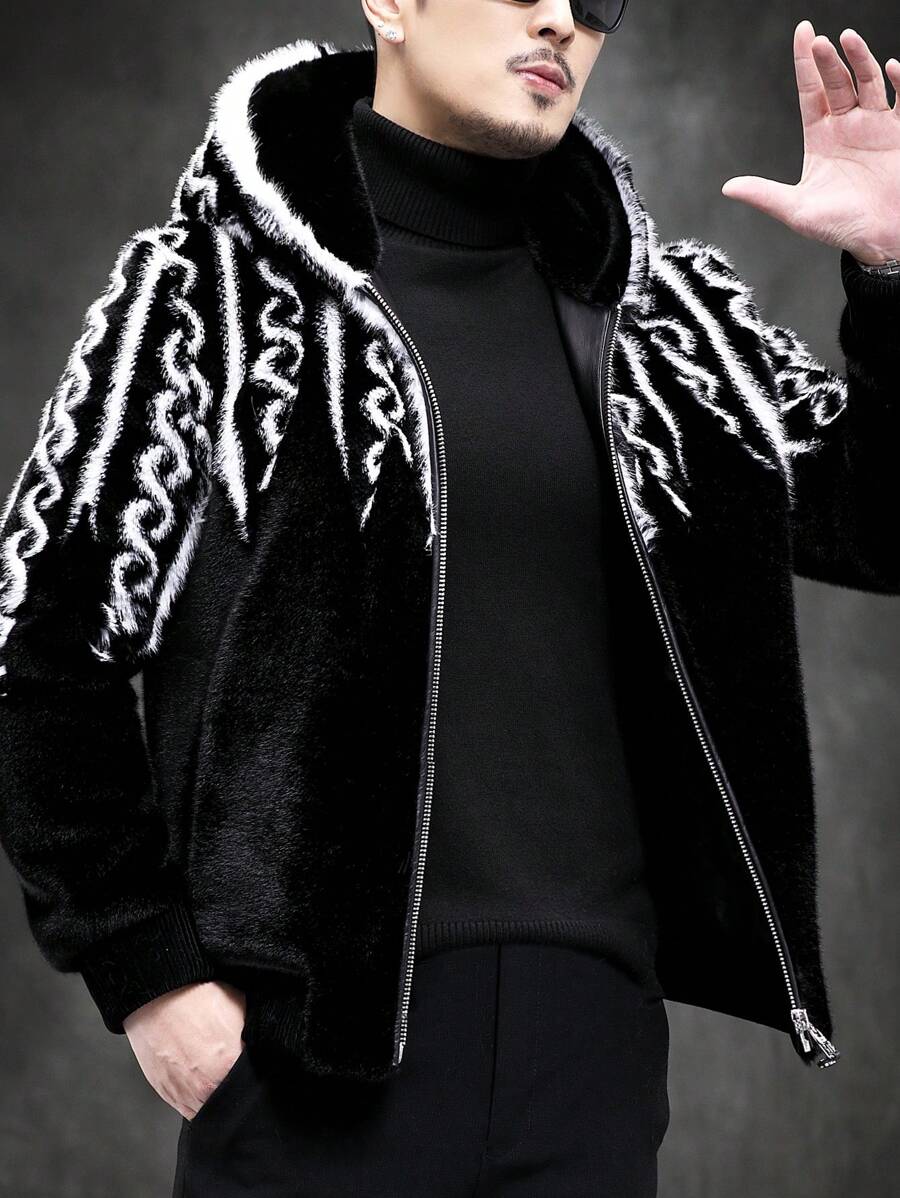 BONNY MAX Winter New Haining Faux Fur Hooded Coat Men, Jacket - Black and White - View 1