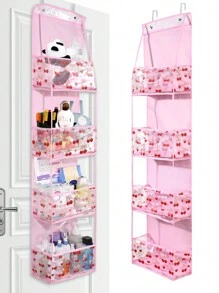 1pc Pink Hanging Storage Bag Hanging Organizer 4-Shelf Room Organizer With Clear Plastic Pockets Behind The Door Unique Cherry Fruit Pattern Storage Organizer For Nursery Storage,Baby Dolls Holder,Large Capacity Storage For Closet, Bedroom, Bathroom, Office, Dorm Room Essentials - Multicolor - View 1