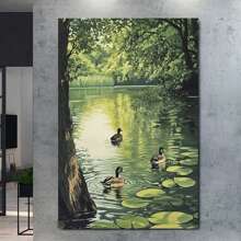 Vintage-Inspired River Scene Canvas Art Print With Golden , Serene Duck Pond Landscape Wall Decor, Perfect Gift For Home Decoration