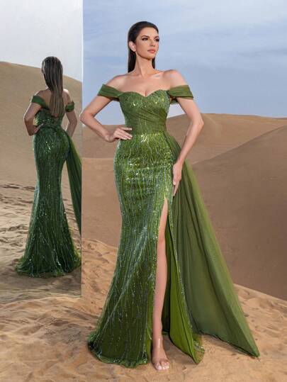 Faeriesty Haute Glamour Off-The-Shoulder High-Slit Mermaid Evening Gown With Tulle Splicing, Elegant Formal Dress For Gala Dinners, Wedding Receptions, Charity Balls, And Award Ceremonies
