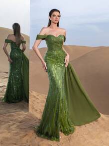 Faeriesty Haute Glamour Off-The-Shoulder High-Slit Mermaid Evening Gown With Tulle Splicing, Elegant Formal Dress For Gala Dinners, Wedding Receptions, Charity Balls, And Award Ceremonies