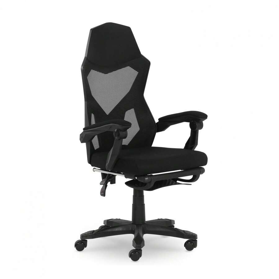 Office Chair With Extendable Leg Rest, Black Fabric Upholstery