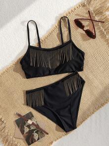 Nowy modny damski czarny strój kąpielowy z frędzlami odpinany zestaw bikini lato