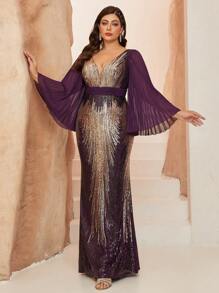 Plus Size V-Neck Sunflower Print Sequin Detail Fitted Mermaid Chiffon Long Sleeve Dress, Party Dress, Wedding Guest Dress, Prom Dress Spring Vacation - 紫色 - 查看 2